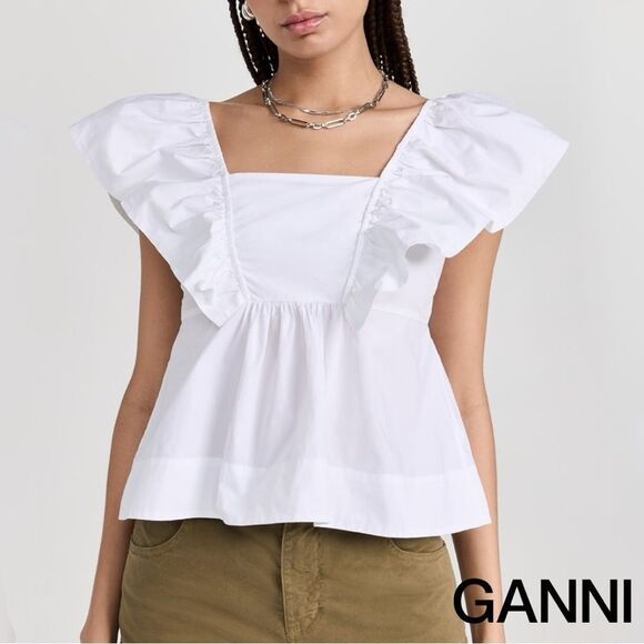 GANNI **NWT** Sleeveless Ruffle Cotton Poplin Blouse / Tank in Bright White - Picture 13 of 16